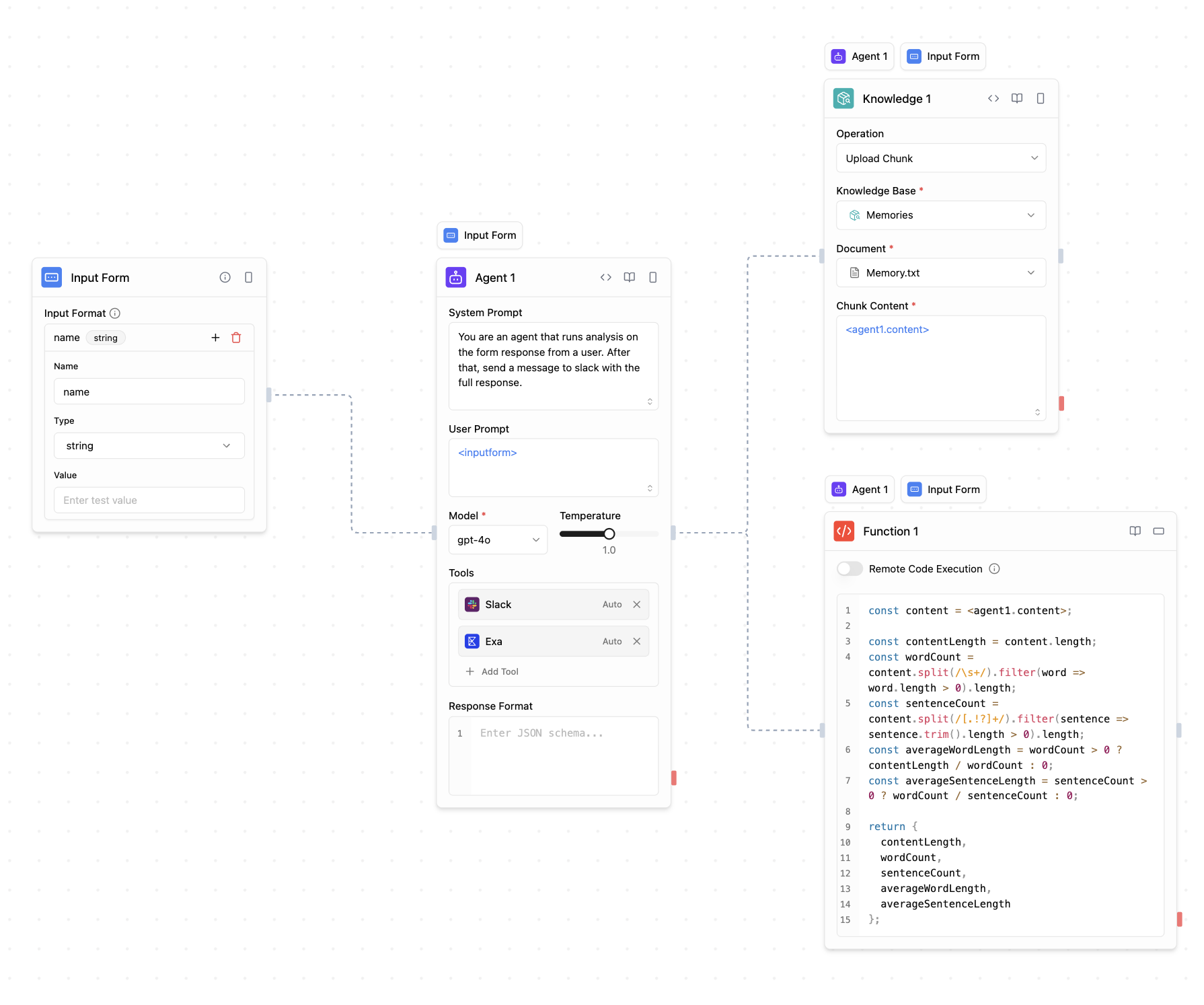 Quickesta Flow visual workflow builder with AI agent blocks